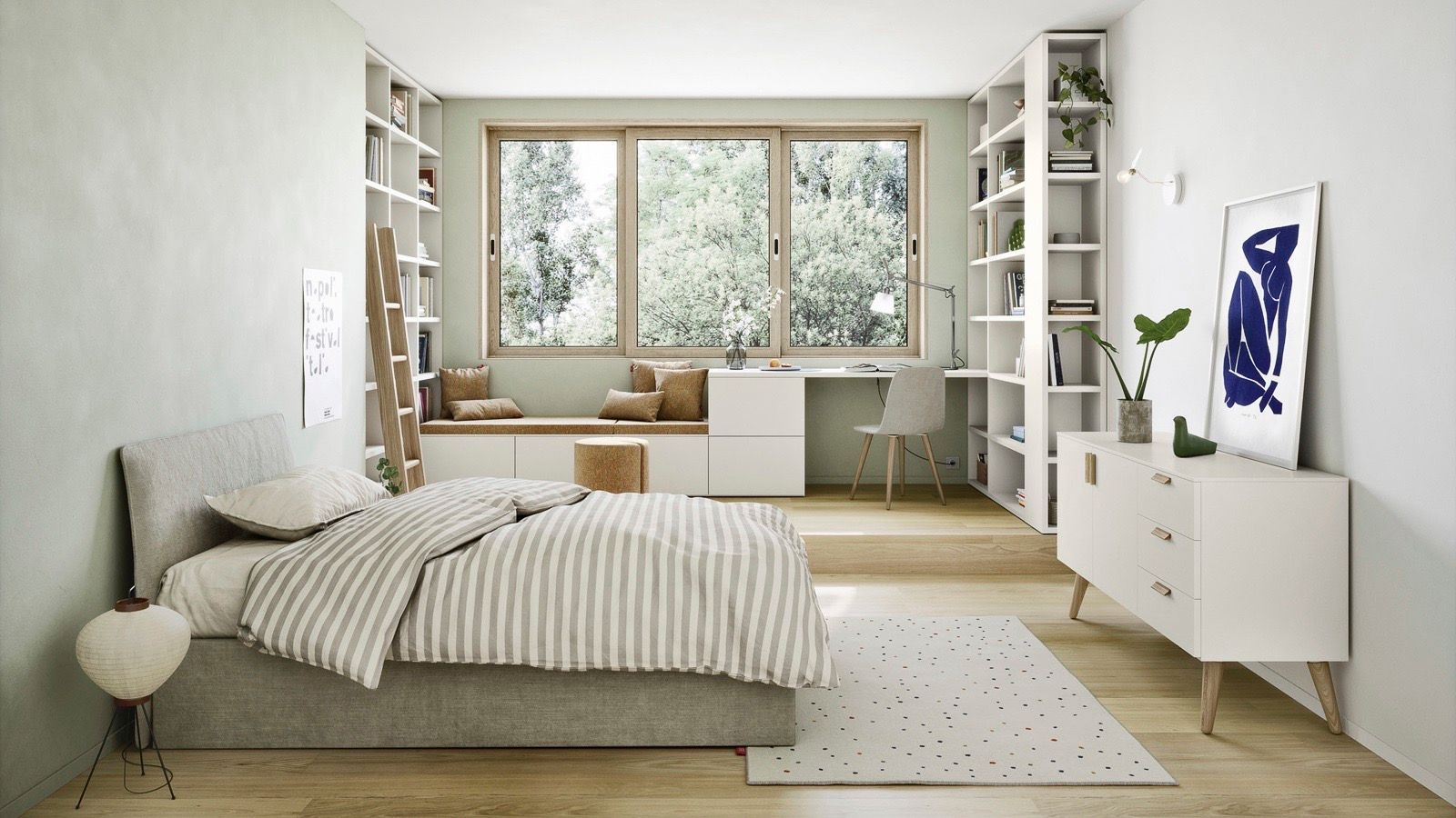 Camera da letto con letto, scrivania, scaffali integrati, finestra con vista sull'esterno e arredamento bianco e neutro.