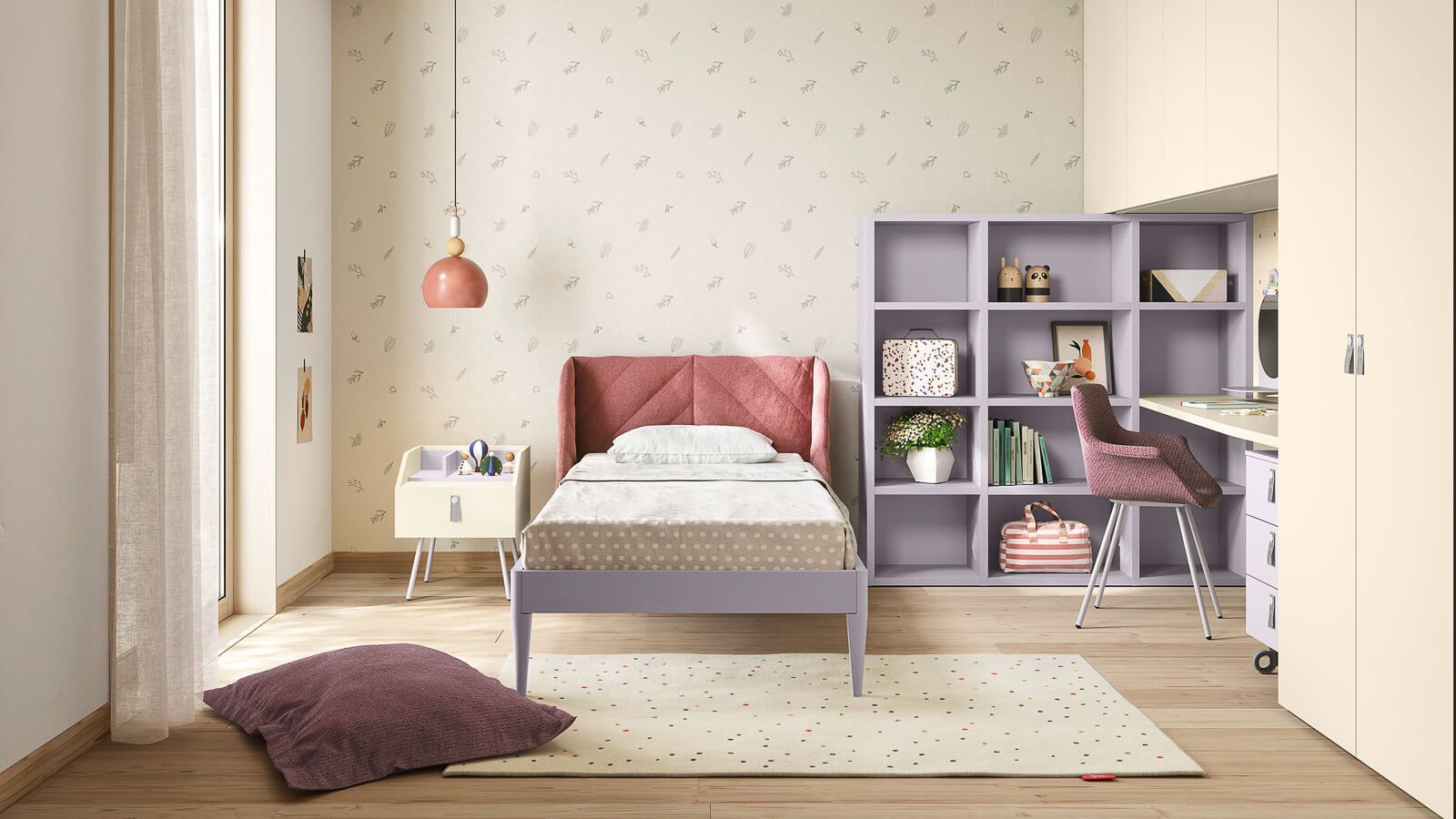 Cameretta per bambini: letto, libreria e scrivania color lavanda. Colori pastello, tappeto e lampada a sospensione creano un'atmosfera soft.