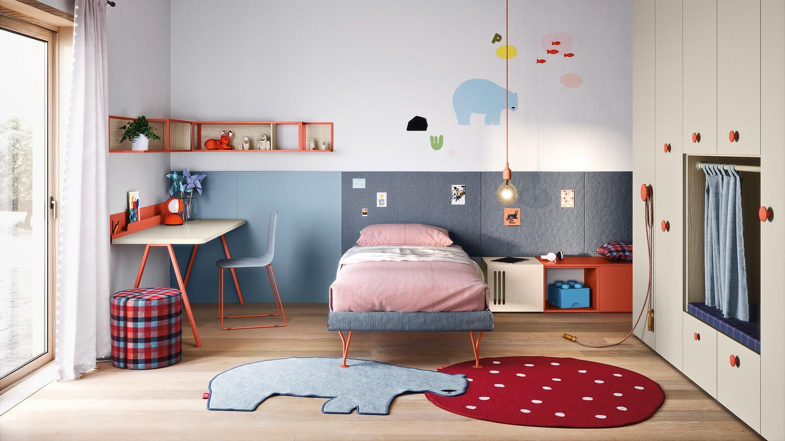 Una cameretta per bambini nei toni del blu e del bianco. Include un letto, una scrivania, un mobile contenitore e adesivi murali decorativi.