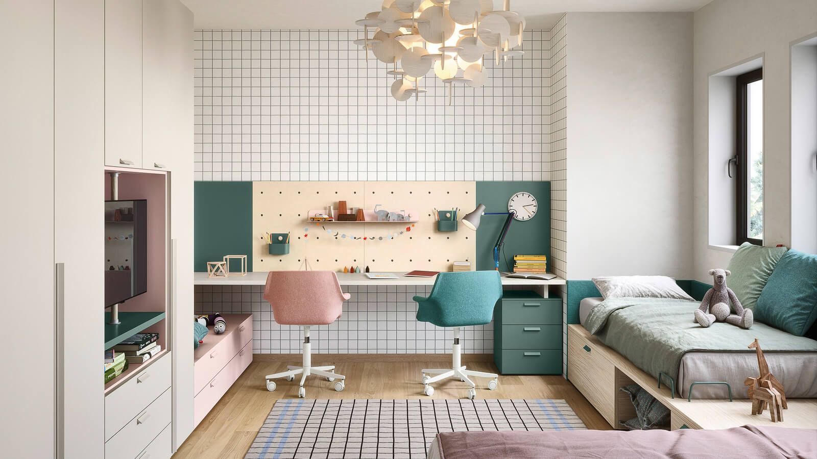 Moderna camera da letto per bambini con zona studio, scrivania, due sedie, letto, contenitore e parete decorata.