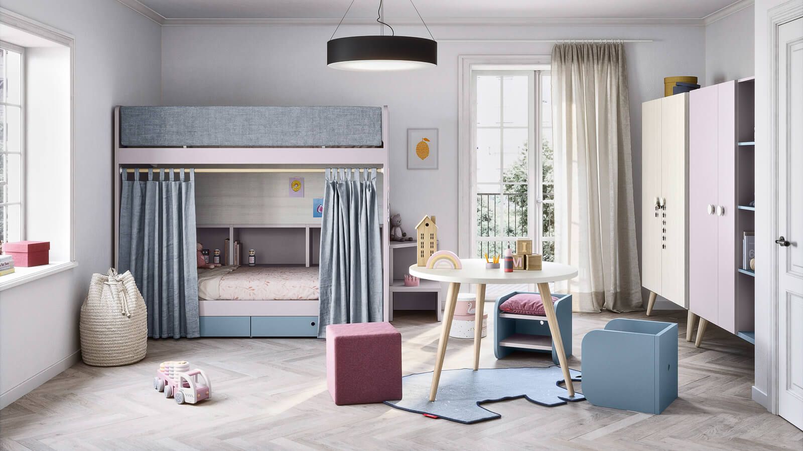 Cameretta per bambini con letto a castello, tavolo, sedie e mobili colorati in tonalità pastello.