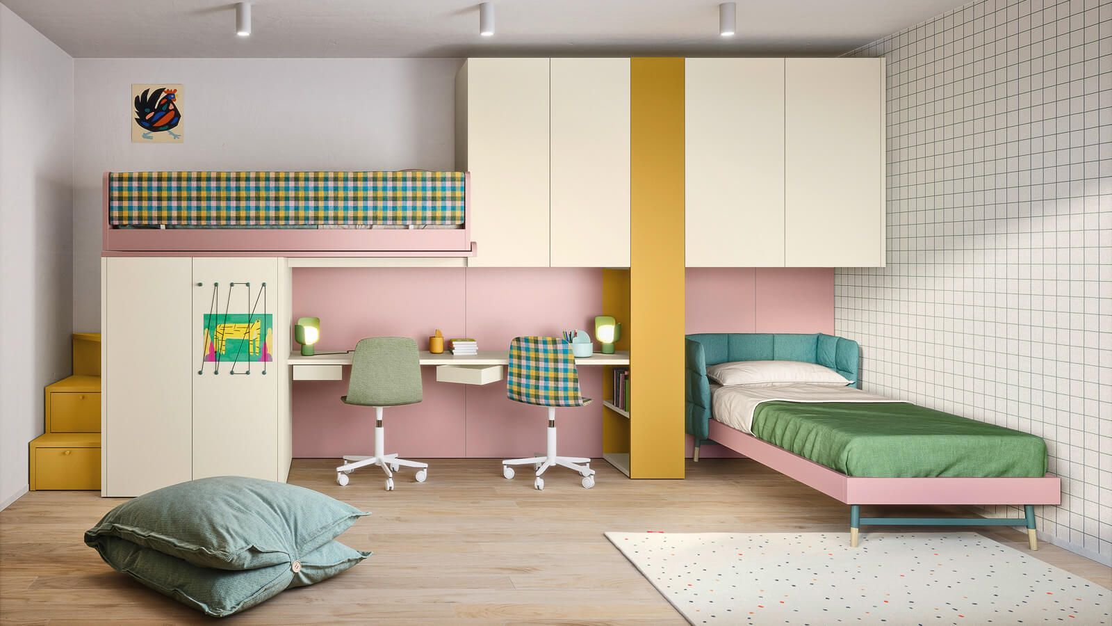 Una moderna cameretta per bambini con letto a castello, scrivanie e un letto singolo nei colori rosa, giallo e verde.