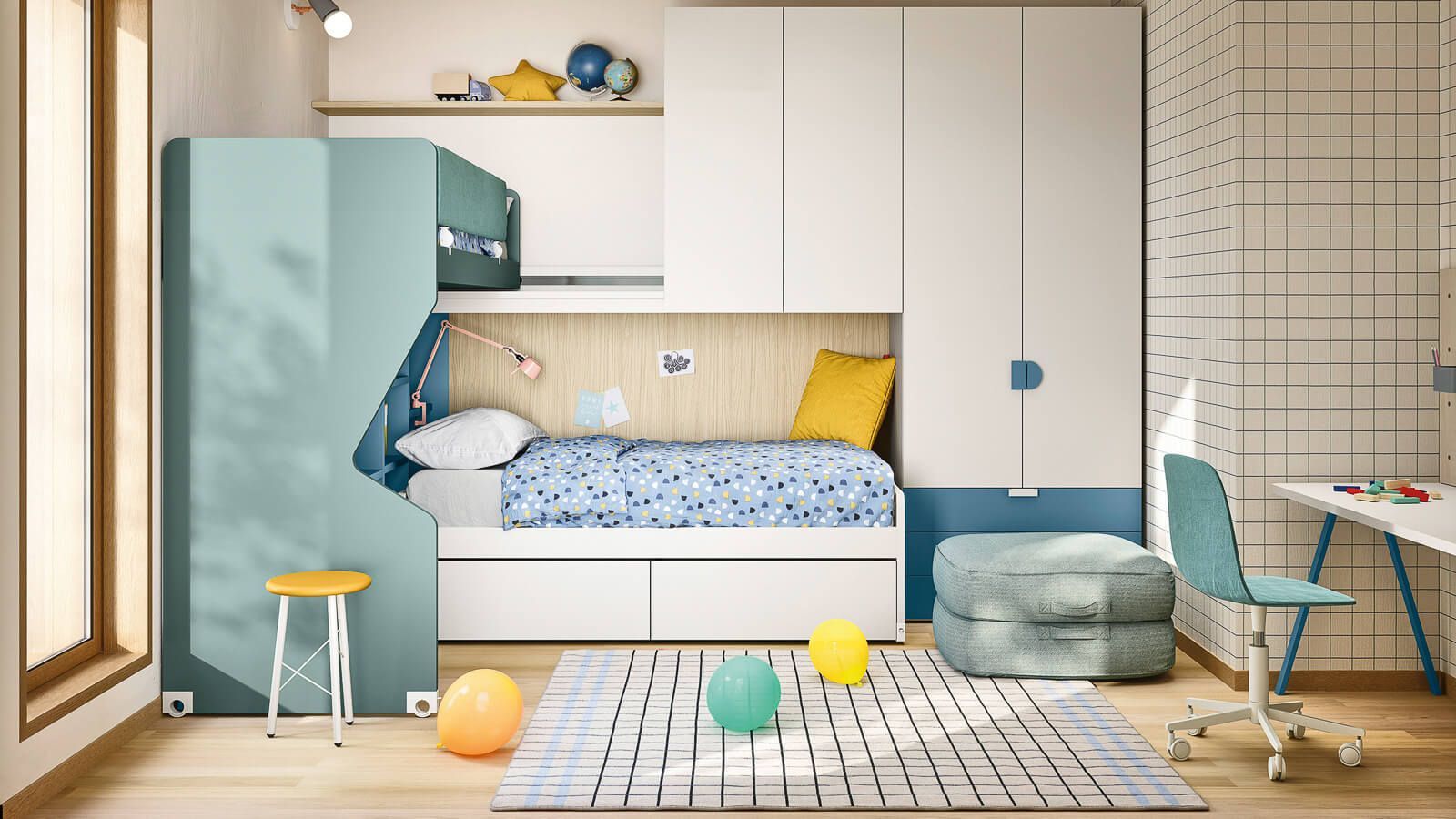 Una moderna camera da letto blu e bianca con letto incorporato, scrivania, contenitore e piccolo sgabello.