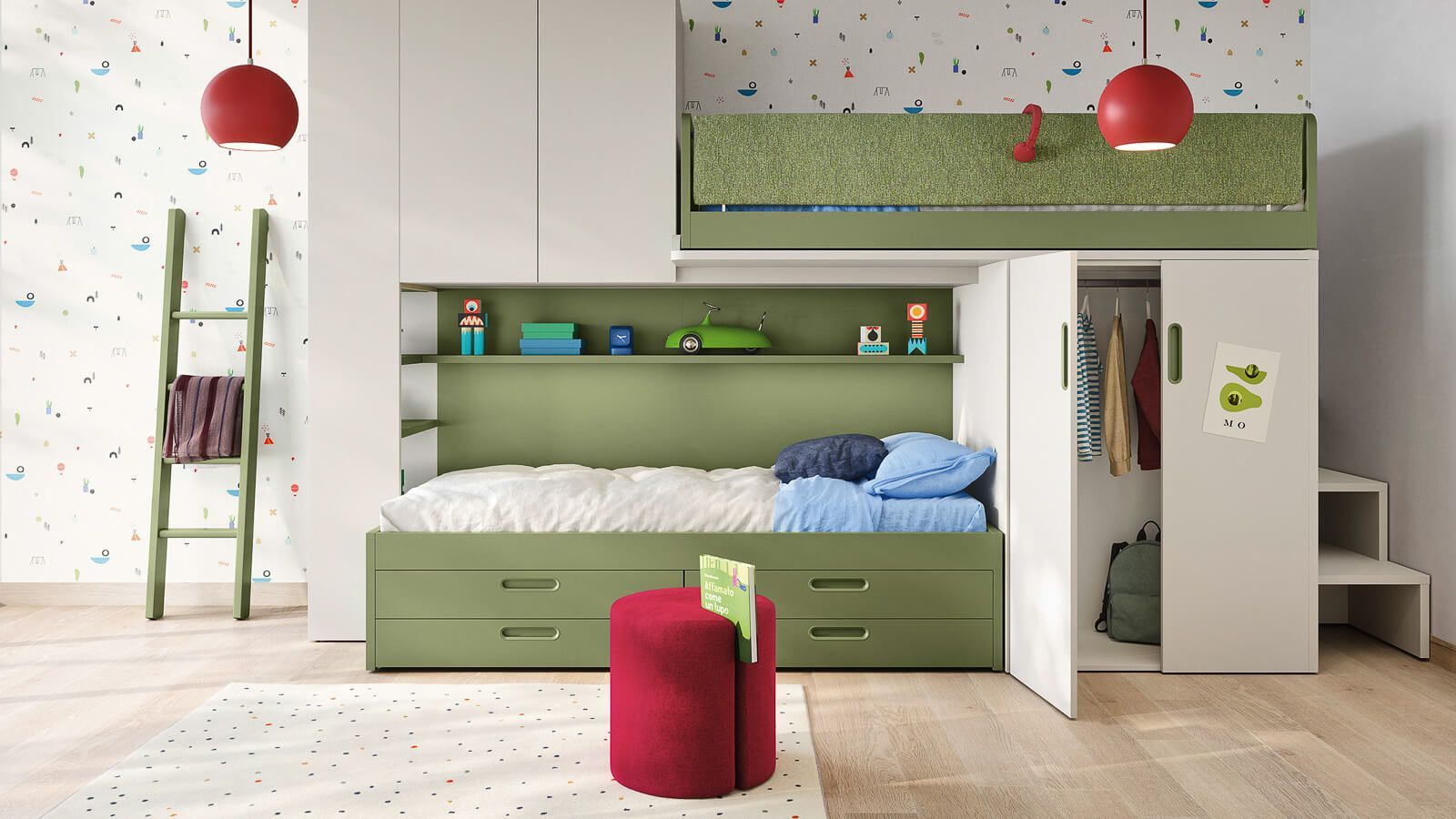 Una cameretta per bambini con un letto a soppalco verde, un armadio e cassetti, con dettagli rossi e una scala.