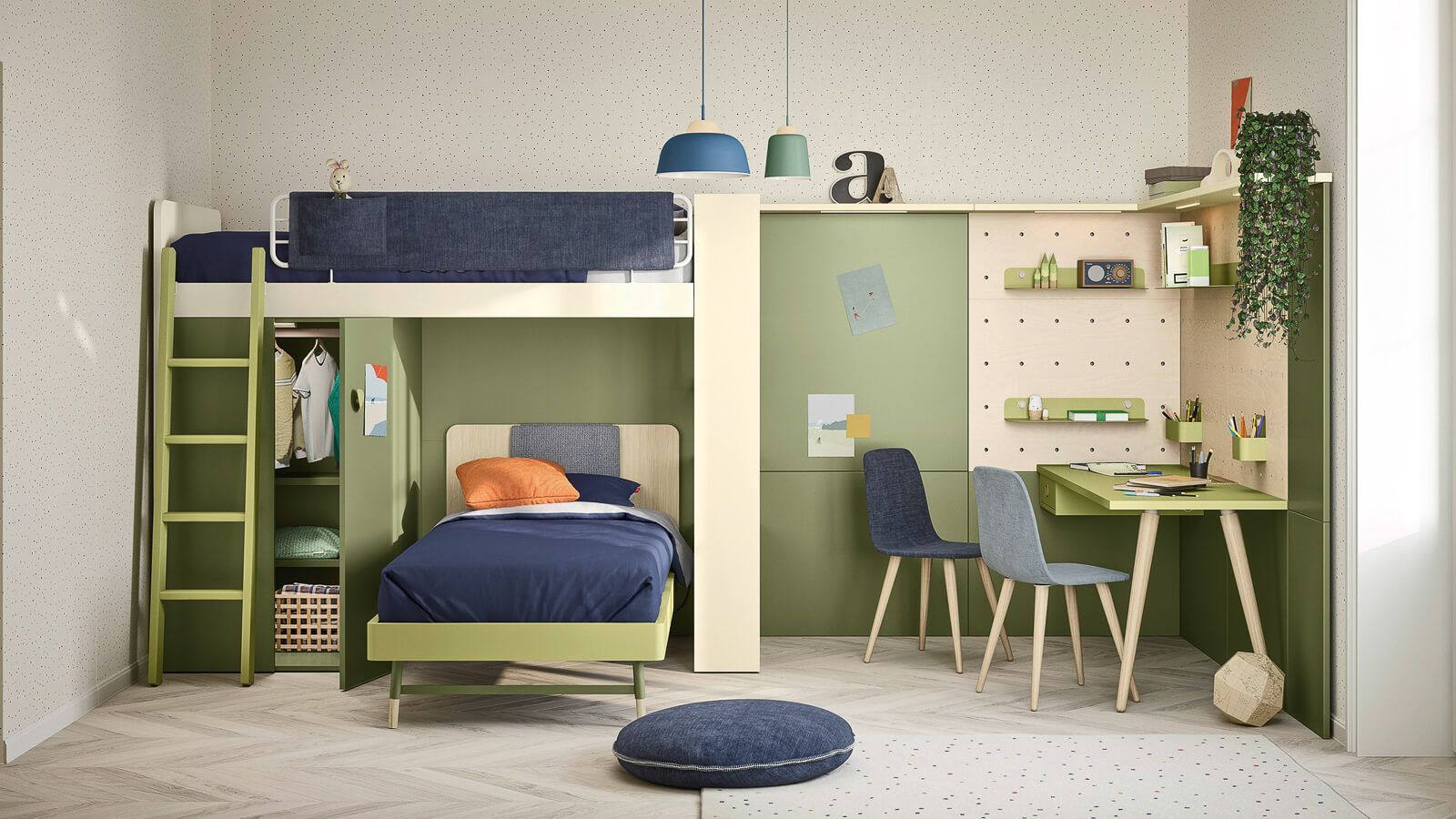 Una moderna cameretta per bambini con letto a castello, scrivania e contenitore. Dominano i toni del verde oliva, del blu e del legno chiaro.