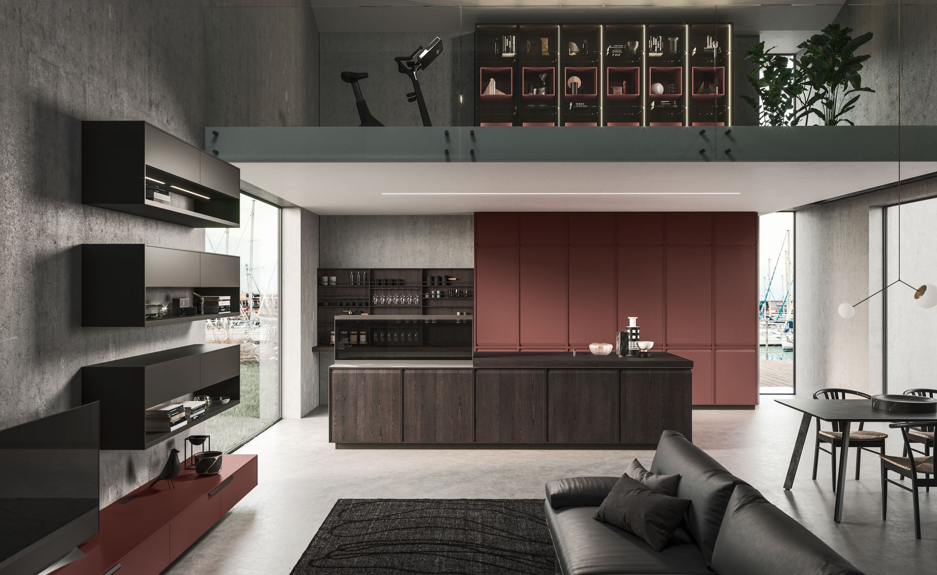 Moderna cucina open space con mobili in legno scuro, dettagli rossi e soppalco con zona ripostiglio.