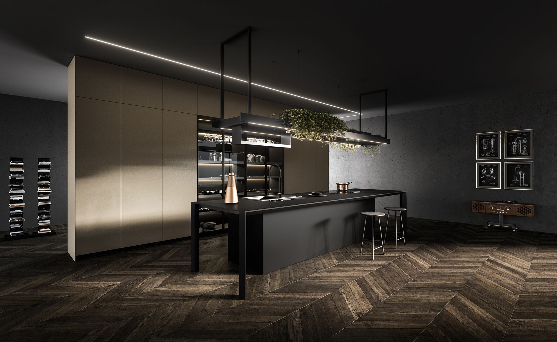 Cucina moderna con isola nera, spazio di archiviazione e lampada con piante, pavimenti in legno.