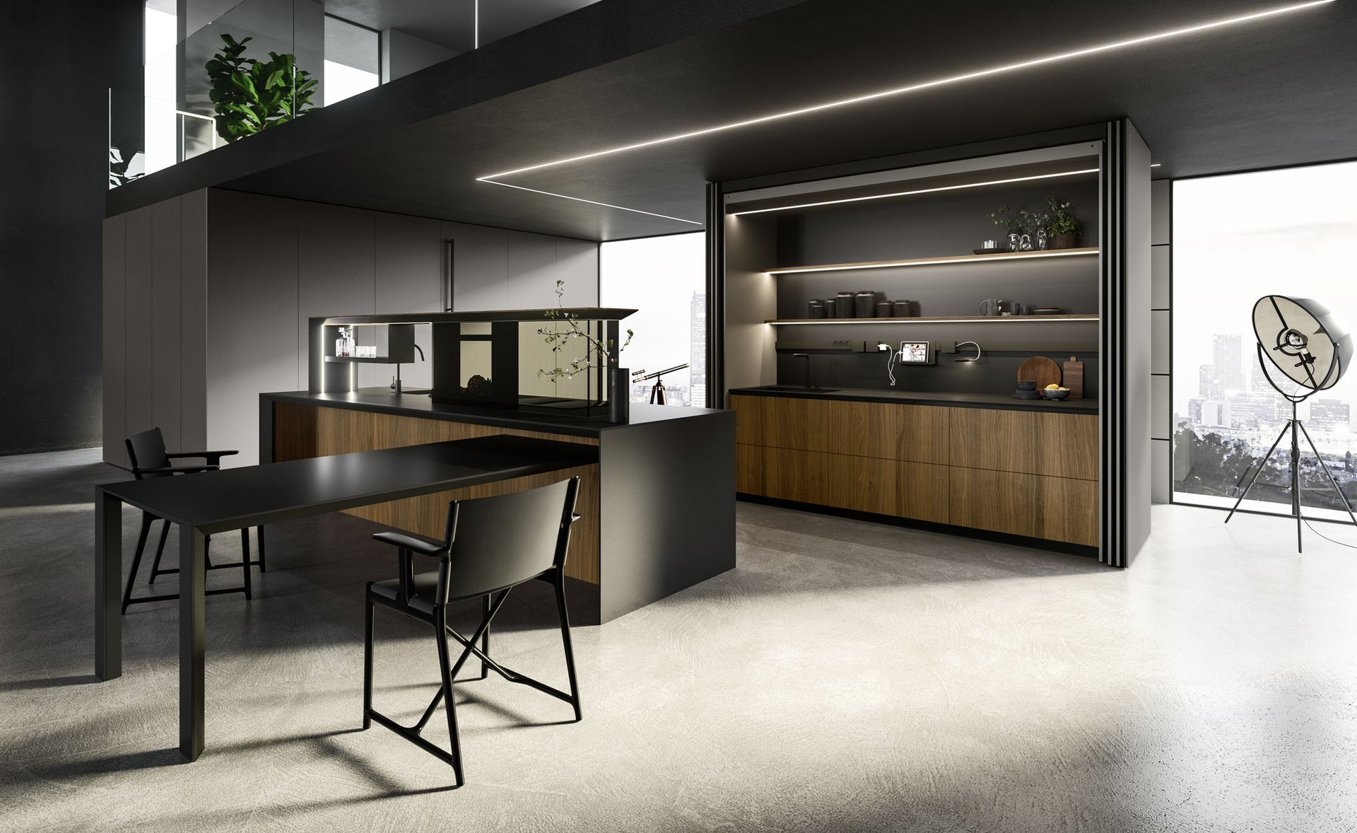 Cucina moderna con mobili scuri, dettagli in legno e tavolo da pranzo.