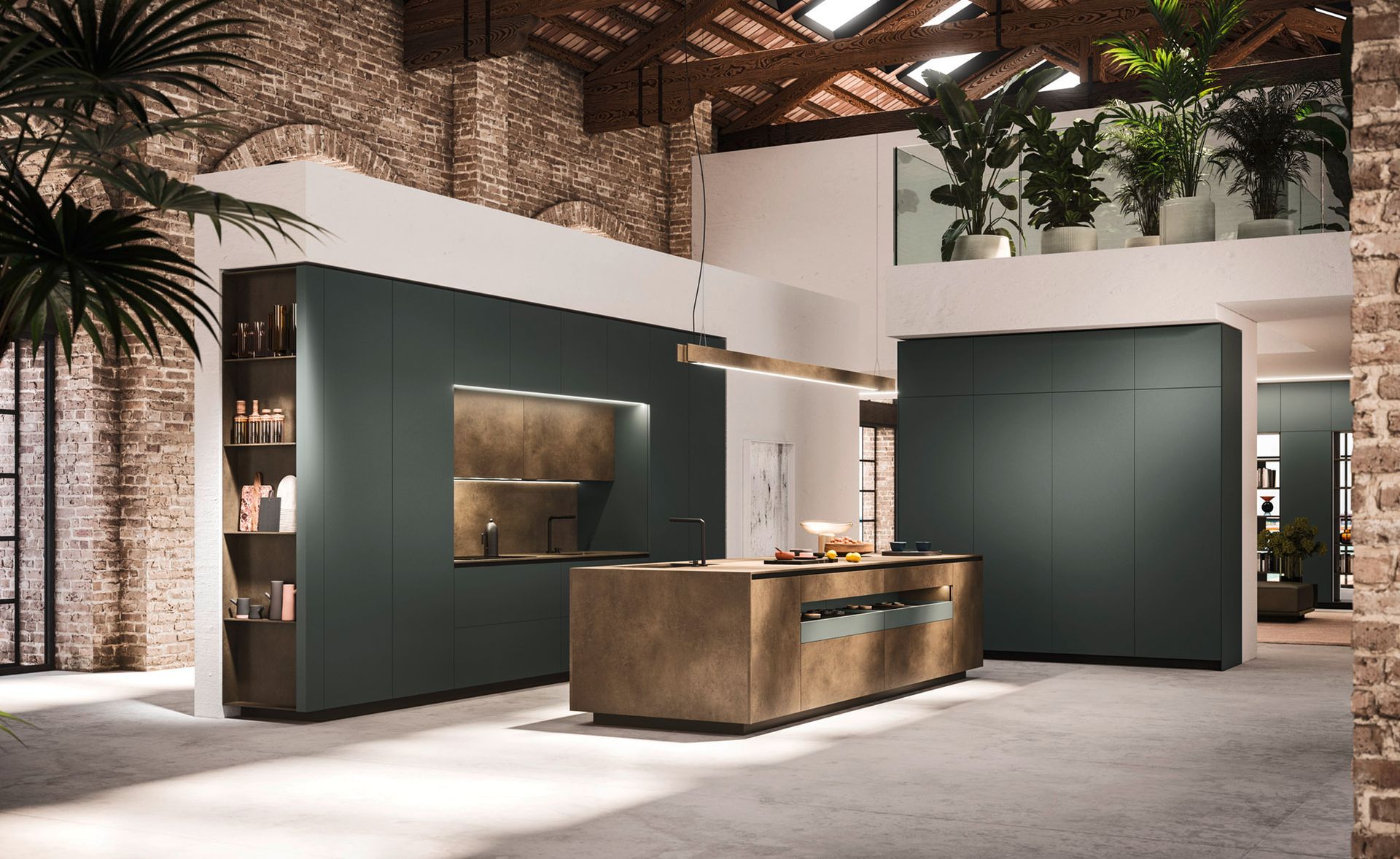 Cucina moderna con mobili verdi, pareti in mattoni e dettagli in legno.