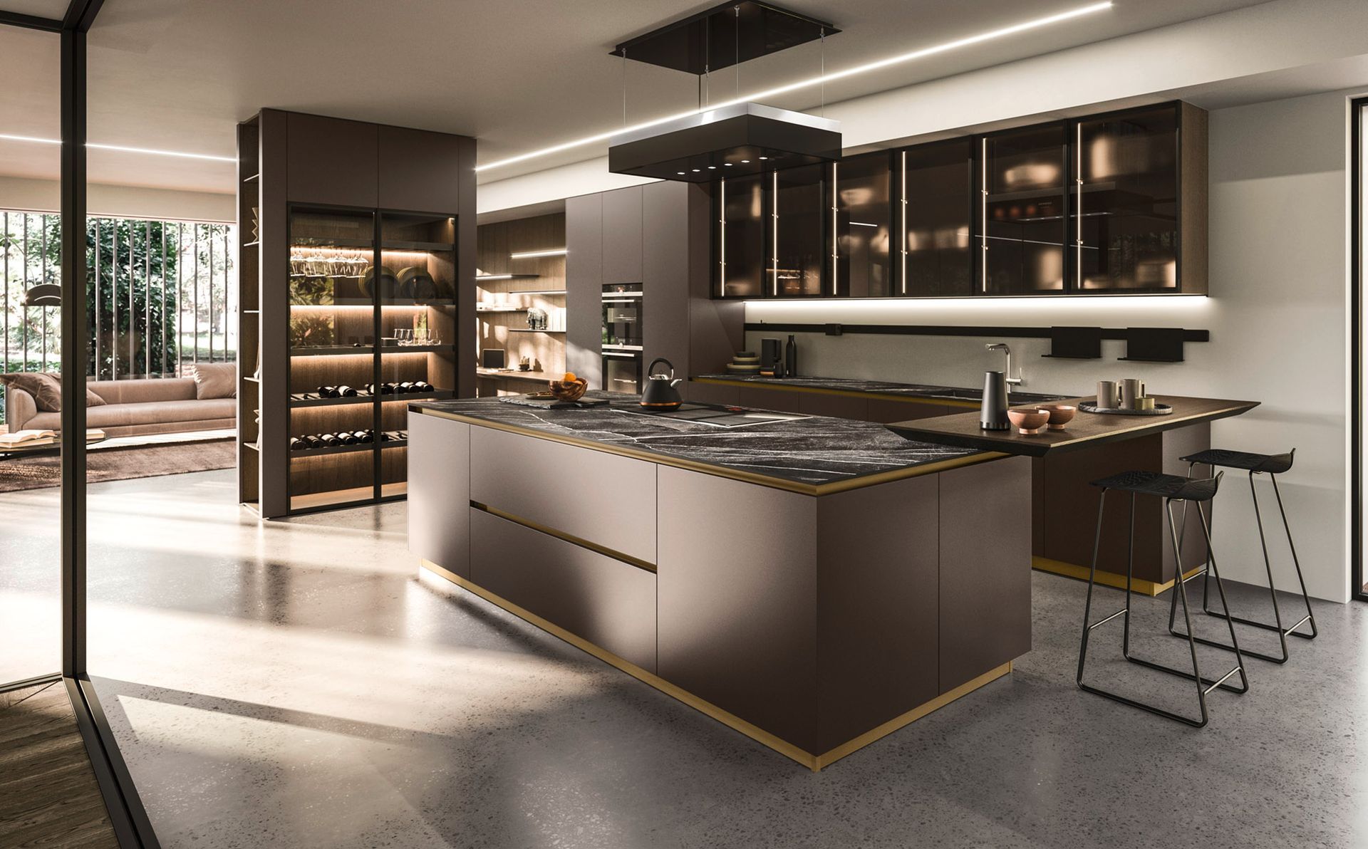 Cucina moderna con mobili scuri, grande isola e cantina per il vino integrata.