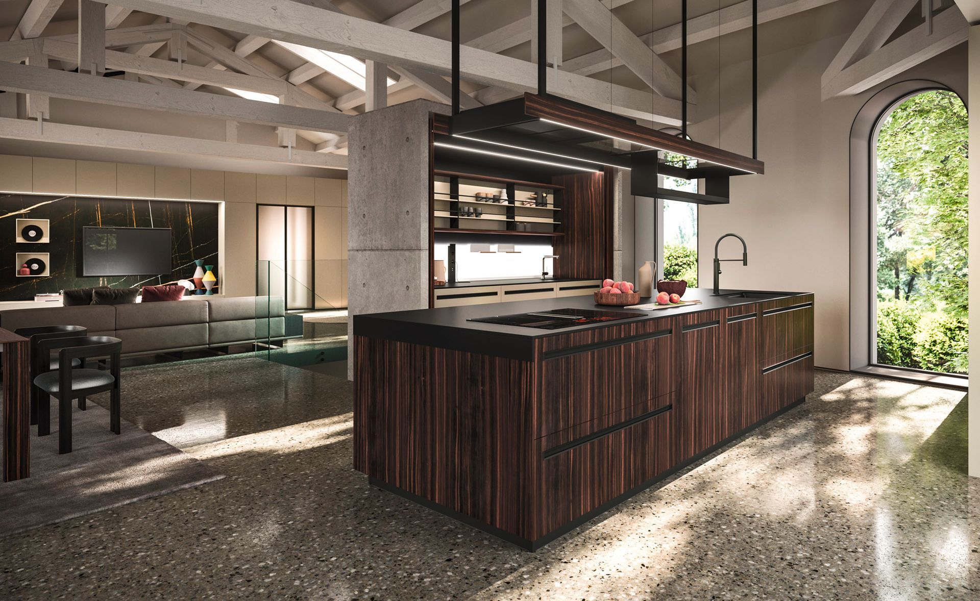 Cucina moderna con isola in legno e zona giorno aperta con finestra ad arco.