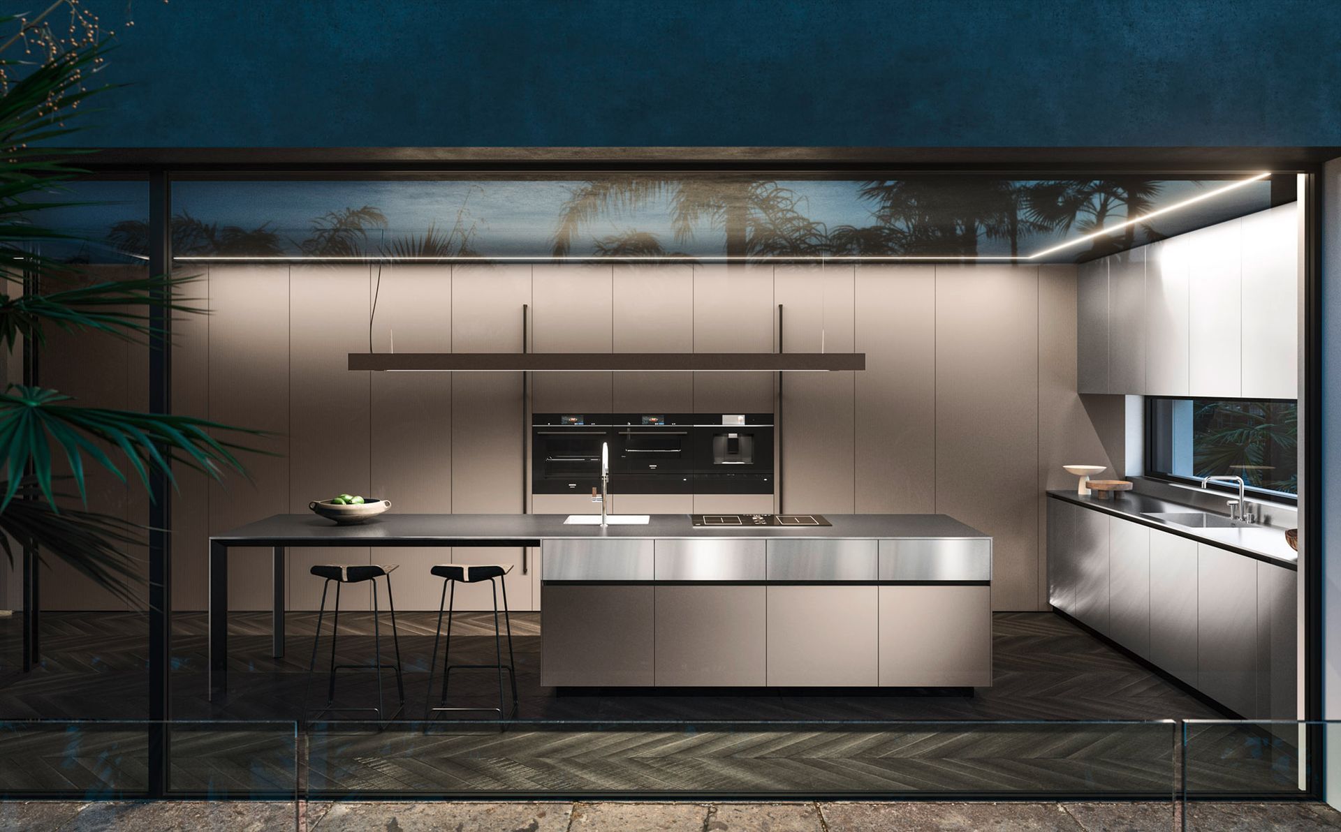 Moderna cucina esterna con mobili color cuoio, isola in acciaio inossidabile e zona salotto scura.