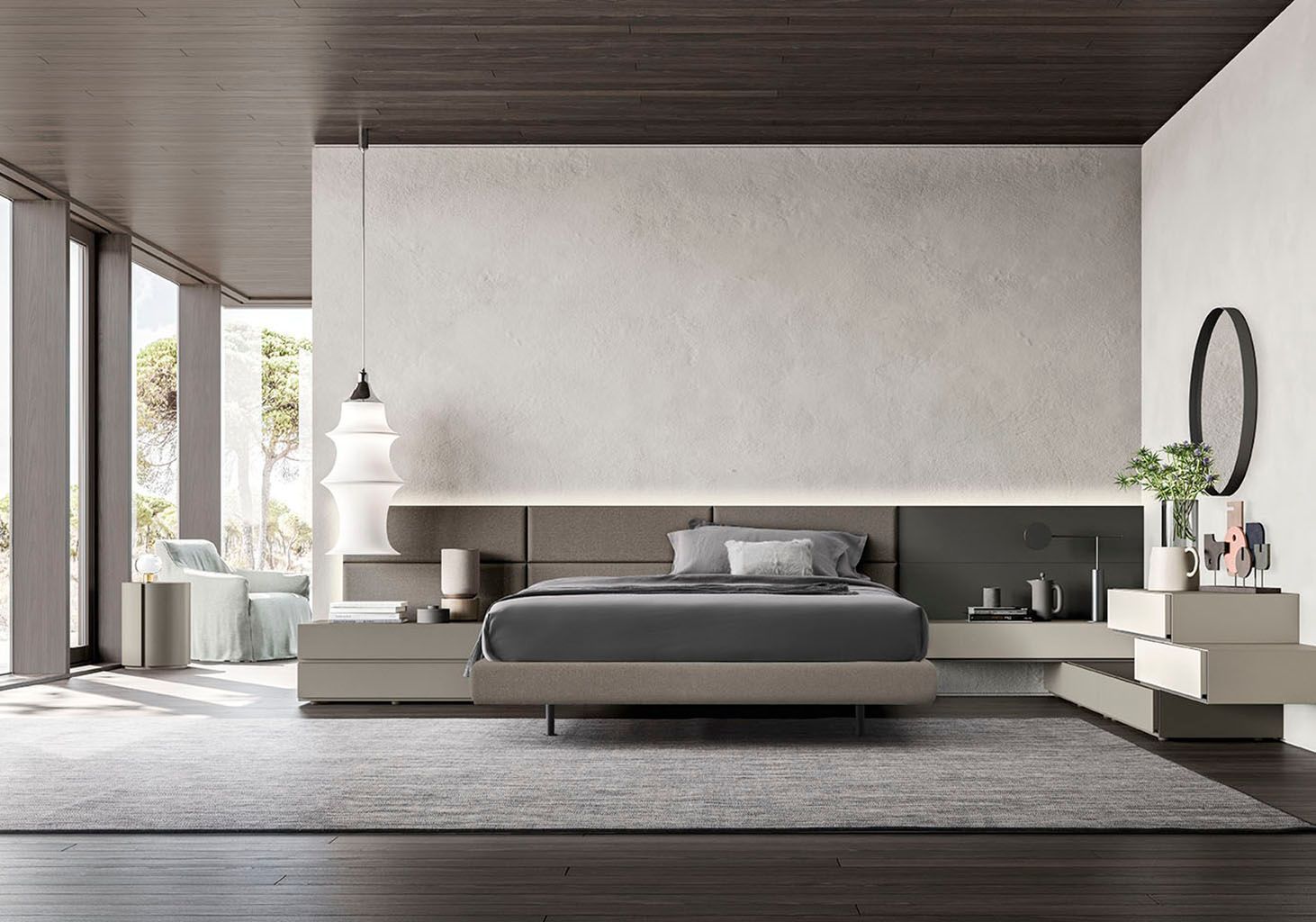Camera da letto con mobili moderni: letto, comodini, cassettiera e ampia finestra. Colori grigio, beige e bianco.