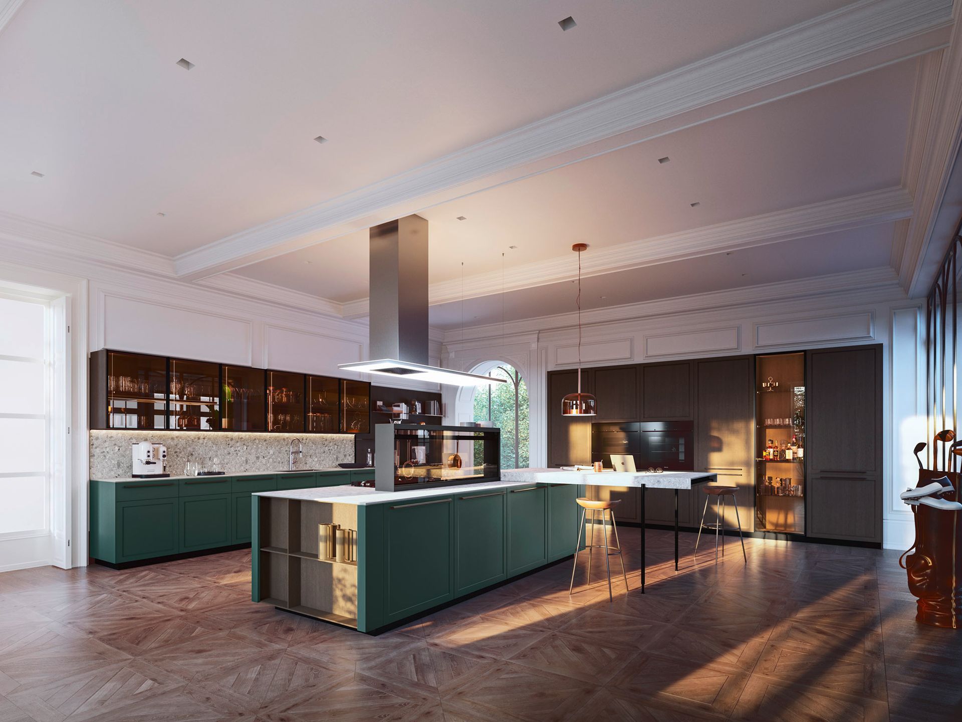 Elegante cucina verde e marrone con isola, cappa aspirante e mobili in una stanza spaziosa e ben illuminata.