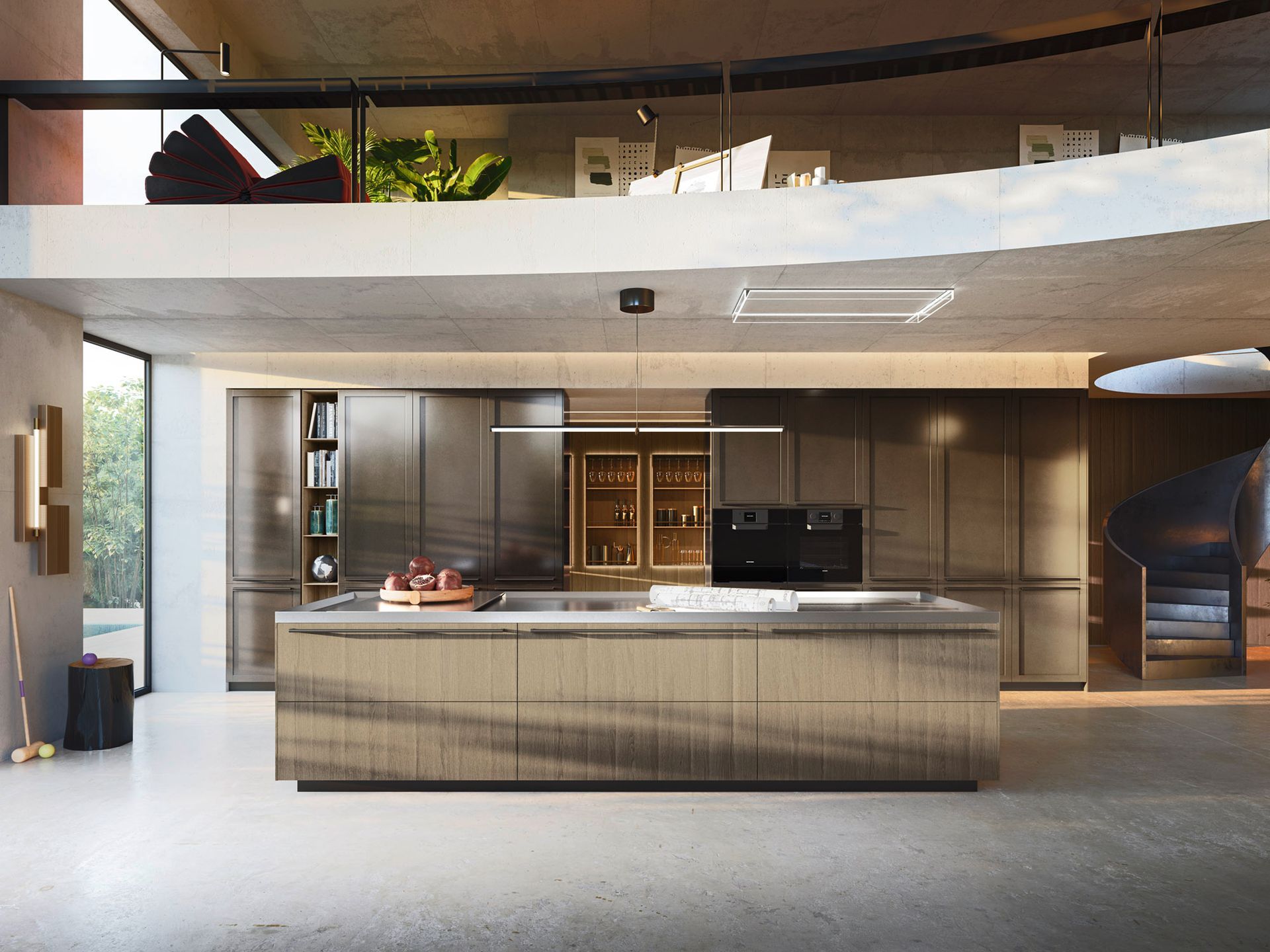 Cucina moderna con grande isola ed elettrodomestici integrati; è visibile un soppalco al secondo piano.