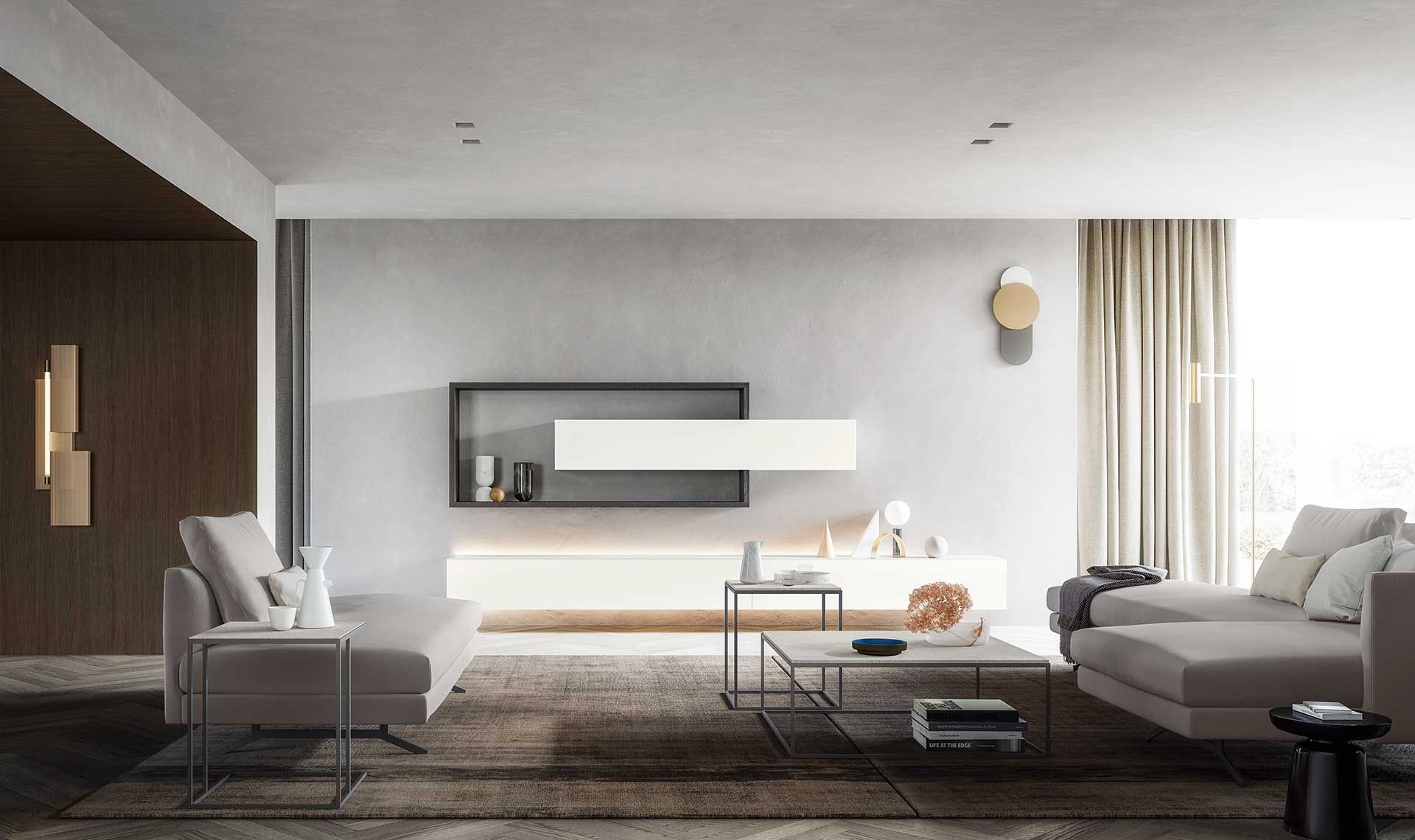 Soggiorno moderno con mobili grigio chiaro, colori neutri e decorazioni geometriche alle pareti.