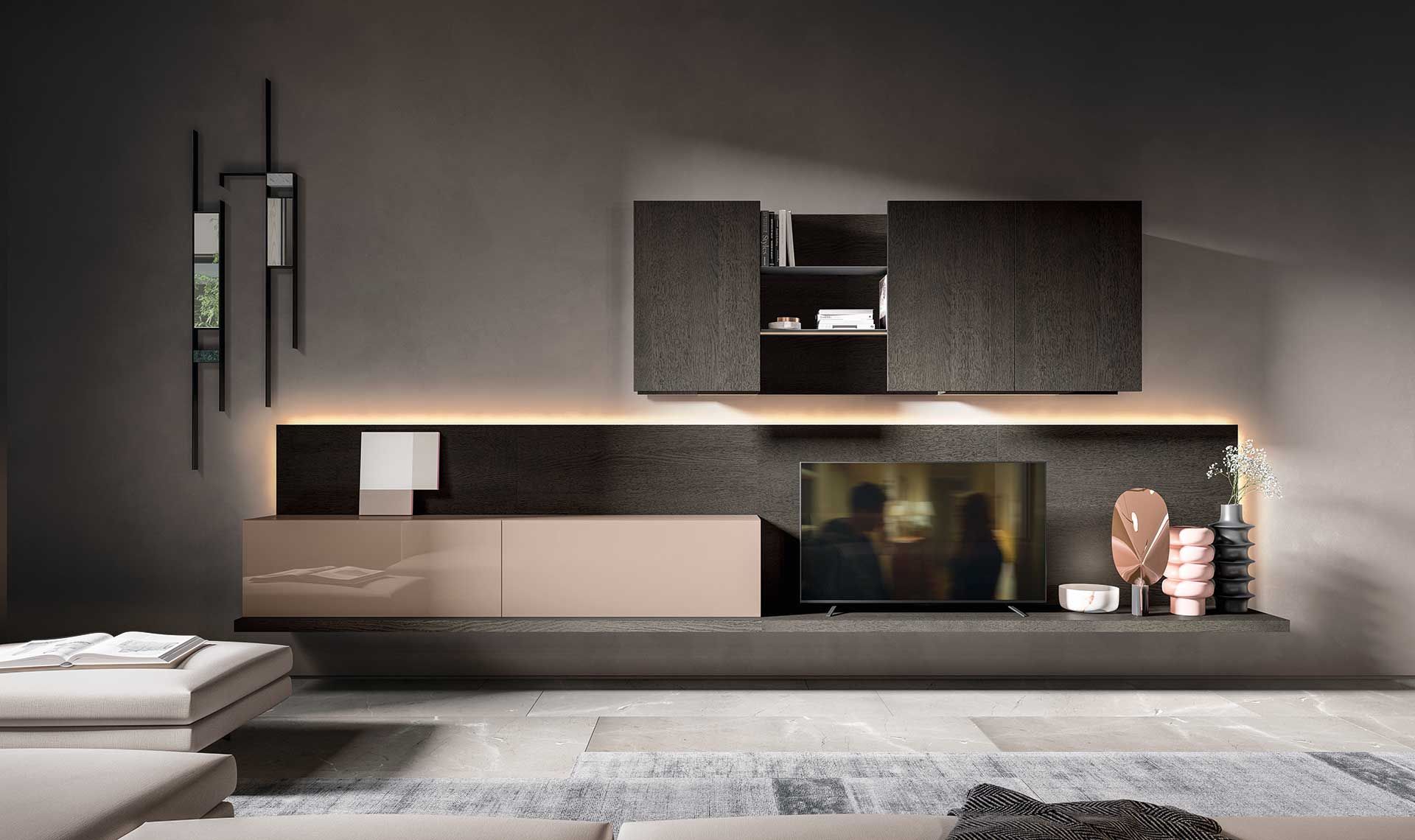 Soggiorno moderno: TV a parete, mobile, mensole, con illuminazione calda, colori neutri.