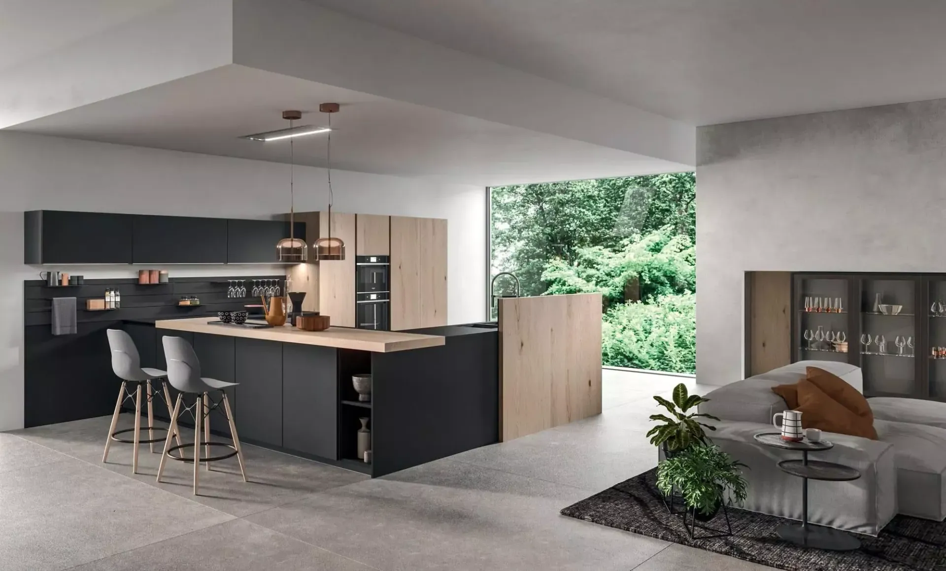 Cucina moderna con mobili neri e in legno, isola con sgabelli da bar e una grande finestra.