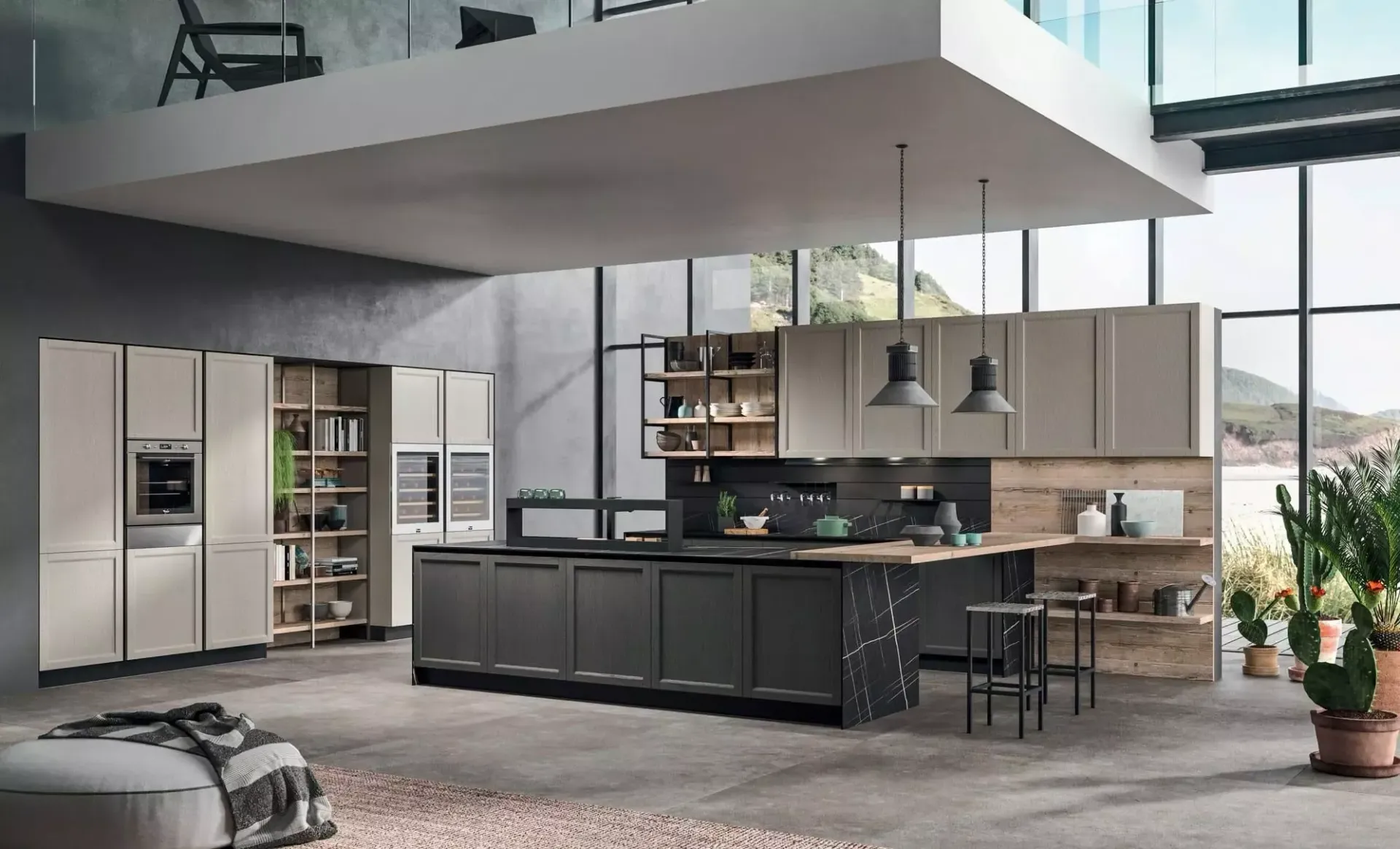 Cucina moderna con mobili grigi, isola e ampie finestre.