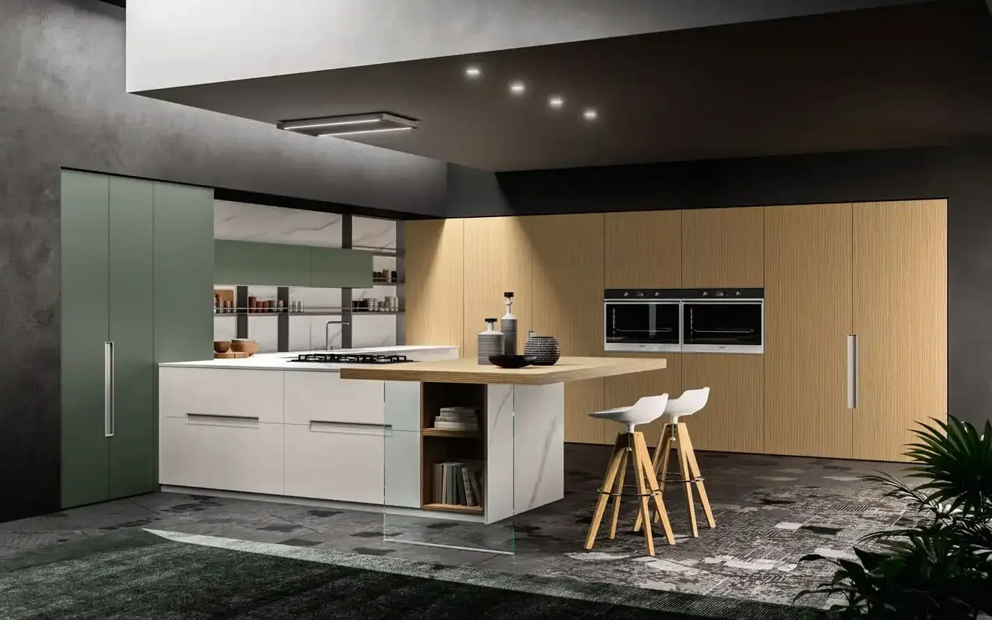 Cucina moderna con isola bianca, mobili in legno e dettagli verdi.