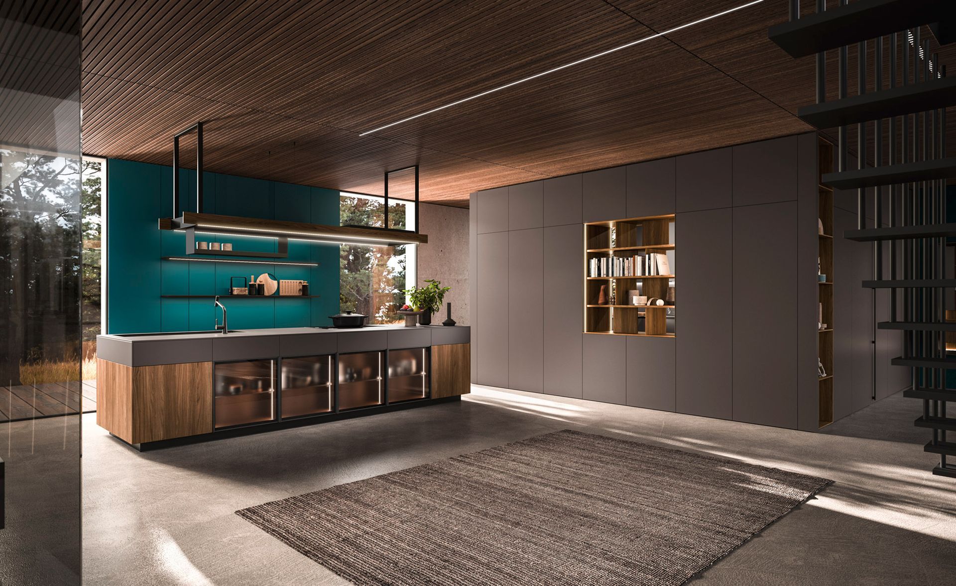 Cucina moderna con parete decorativa color verde acqua, mobili in legno e soffitto intrecciato.