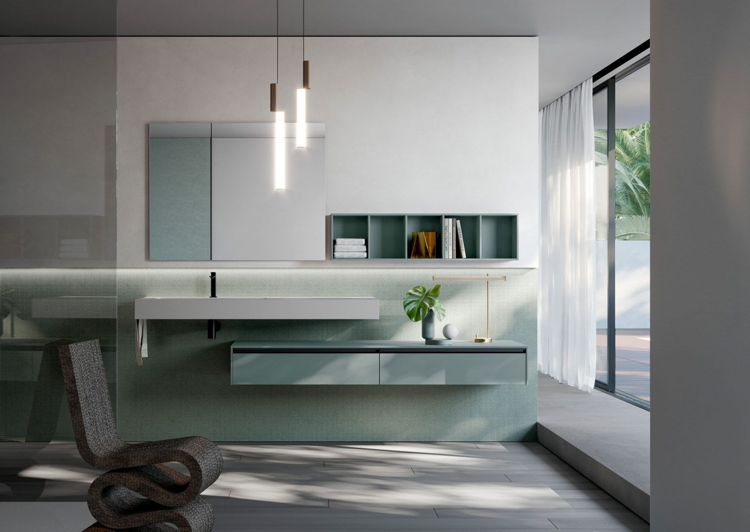 Bagno moderno con una combinazione di colori verde chiaro, mobile lavabo sospeso e ampia finestra.