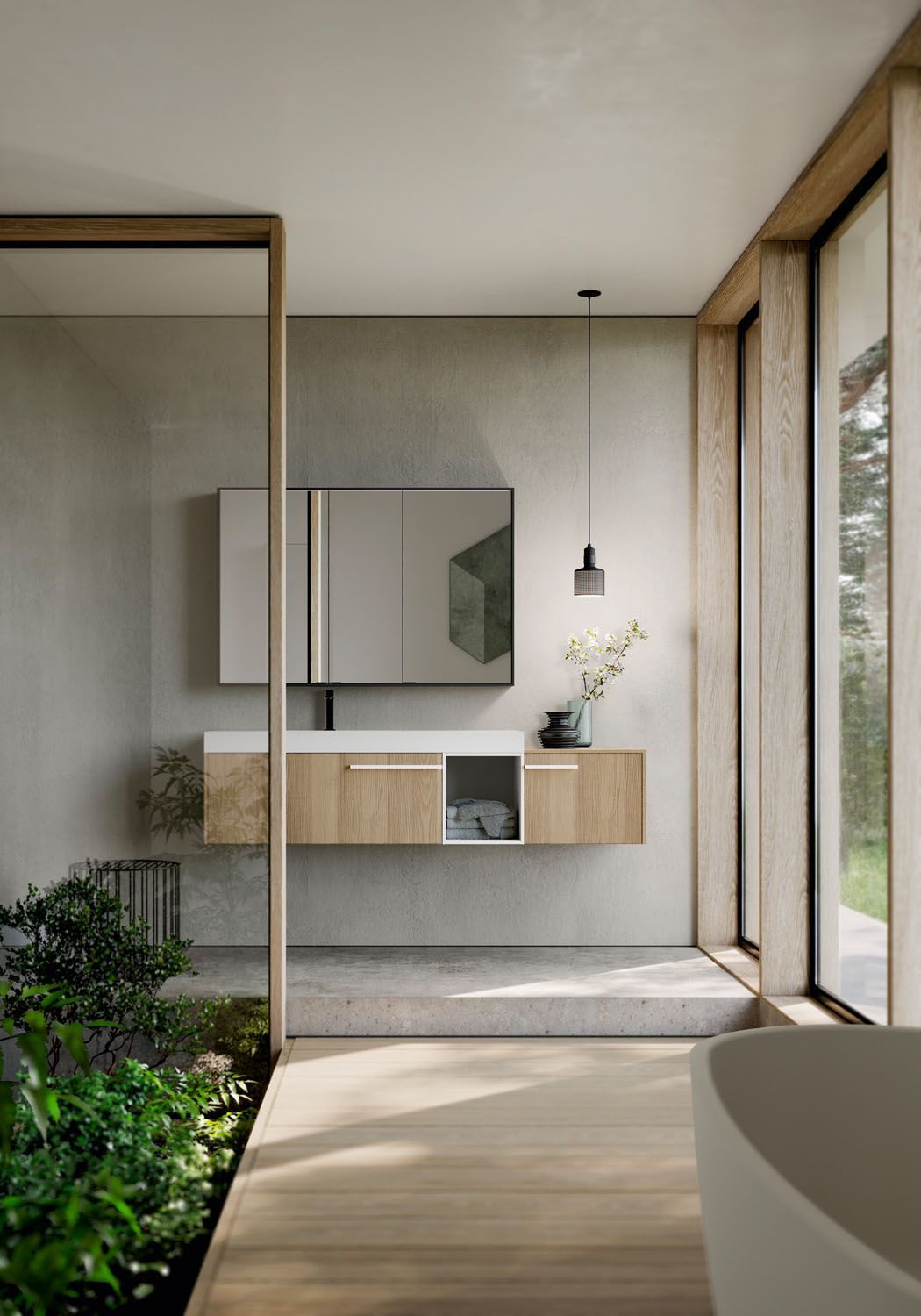 Bagno moderno con dettagli in legno, ampia finestra, mobile lavabo sospeso, specchio e piante.