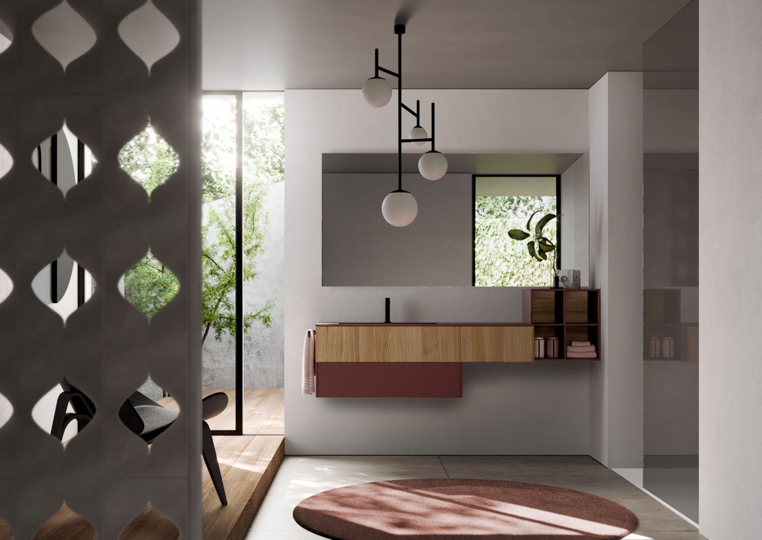 Bagno moderno con mobile lavabo in legno, grande specchio, paravento decorato e luce naturale.