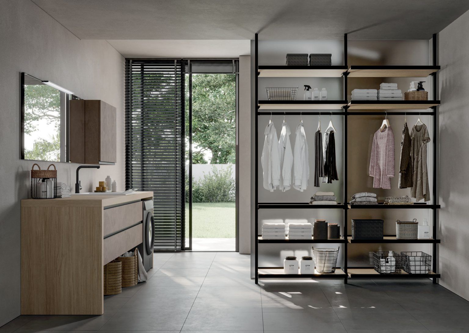 Moderna lavanderia con scaffali aperti, vestiti appesi e un lavandino.