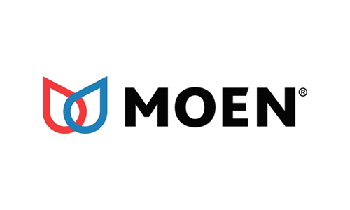 The moen logo is red and blue and looks like a flower.
