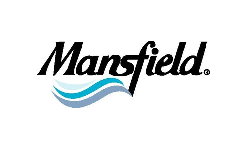 A mansfield logo with a blue wave on a white background.