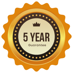 Five-year roofing warranty badge highlighting Logams Roofing Contractors’ guarantee of quality workmanship and durable roofing solutions across Central Florida.