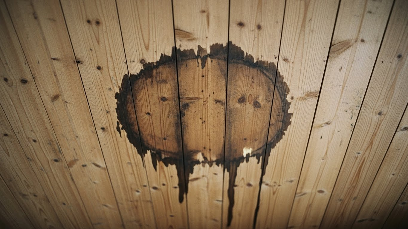 Ceiling stain on a wooden roof caused by an active roof leak, a common sign of water intrusion in Florida homes