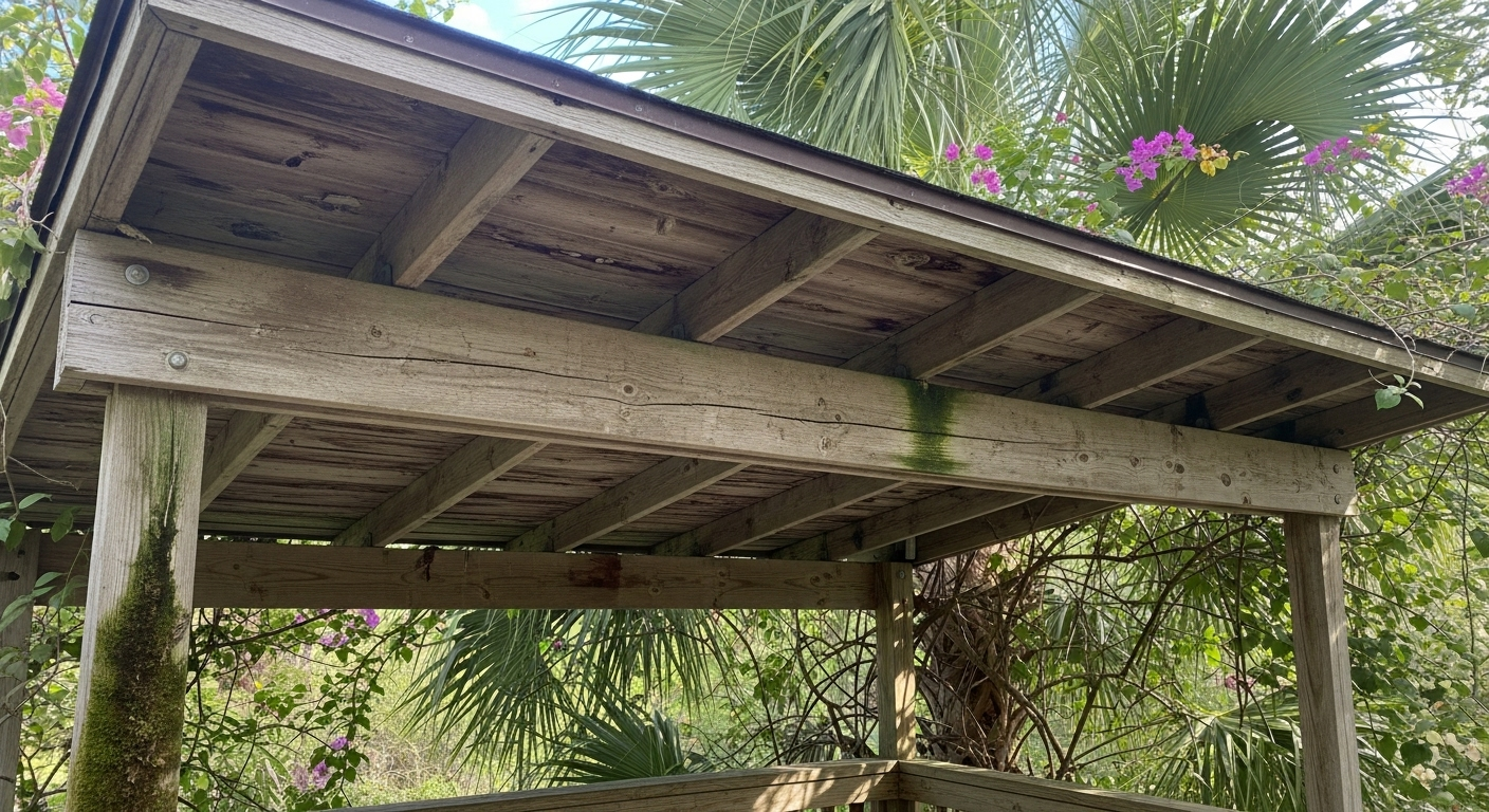 Exposed roof decking and soffit in Florida showing moisture damage from prolonged roof leaks
