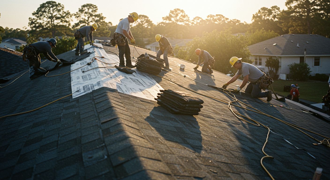 Roofing specialists repairing storm-damaged roofs in Bartow, Florida, using hurricane-rated materials and precision restoration techniques to protect historic and family homes from Central Florida weather.