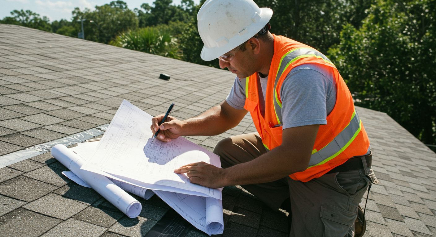 Logams Roofing inspector performing a full roof evaluation on a Clermont home, assessing structural integrity, materials, and wind exposure for elevated properties.