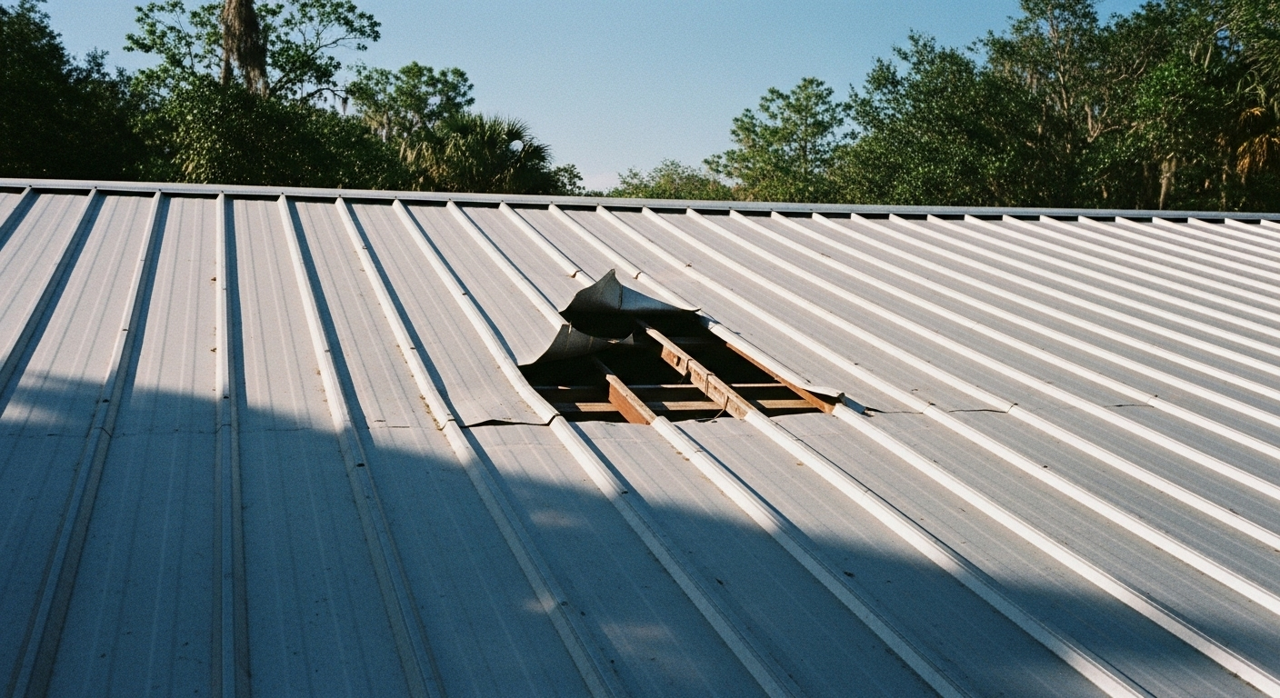 Damaged metal roof in Florida with an opening caused by storm impact, requiring urgent roof repair