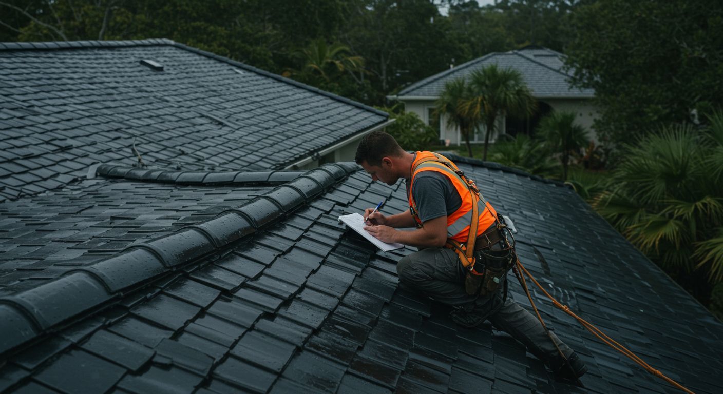 Roofing professional inspecting dark tile roof in Orlando, ensuring waterproofing and structural integrity after storm-related roof replacement.