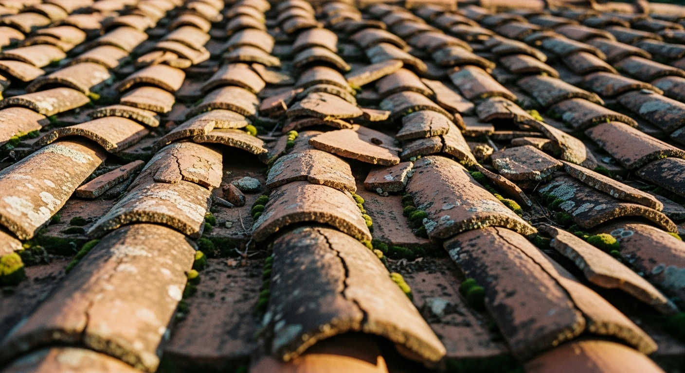 Close-up of a clay tile roof in Florida showing weathering and moisture buildup between tiles
