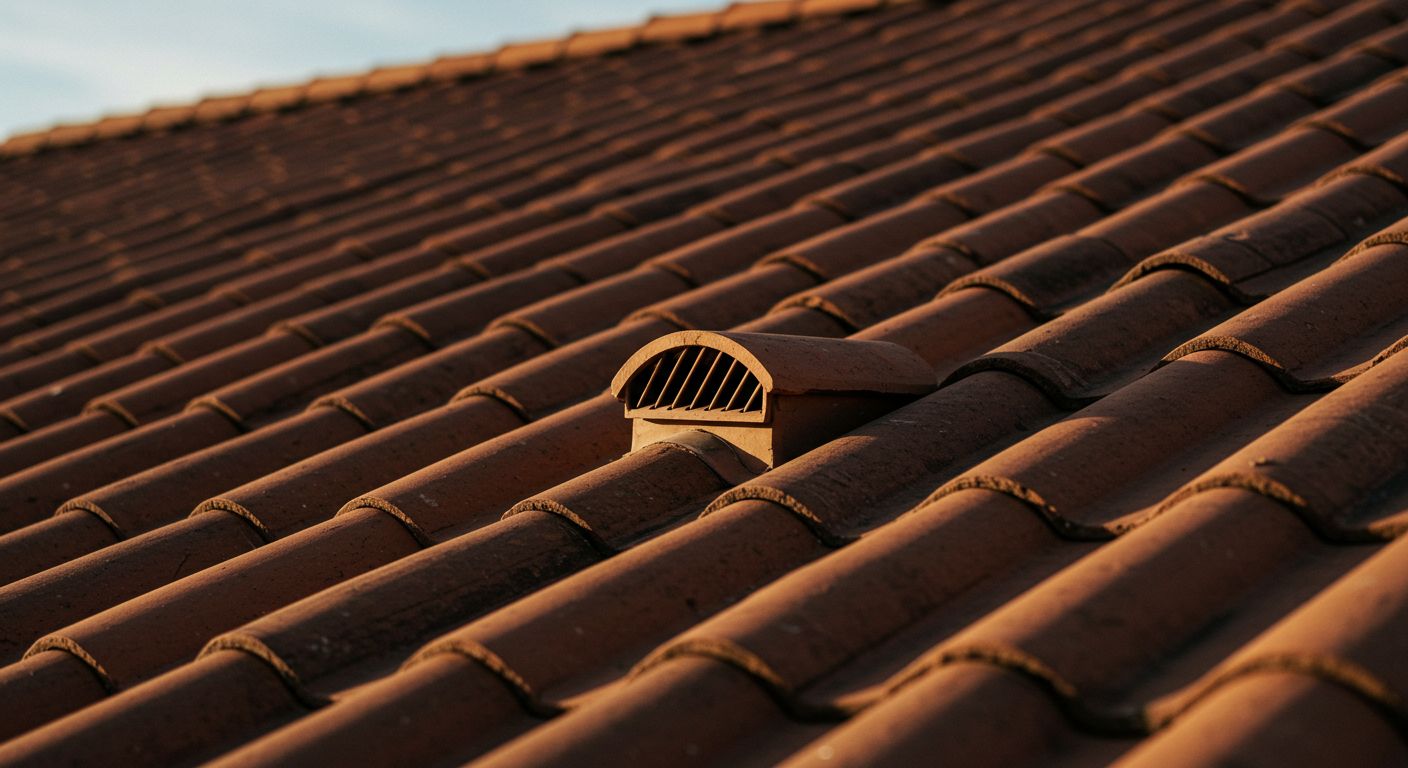 Close-up of terracotta tile roof in Orlando, Florida, during sunset, showing the natural texture and durability of properly aligned clay tiles after roof replacement.