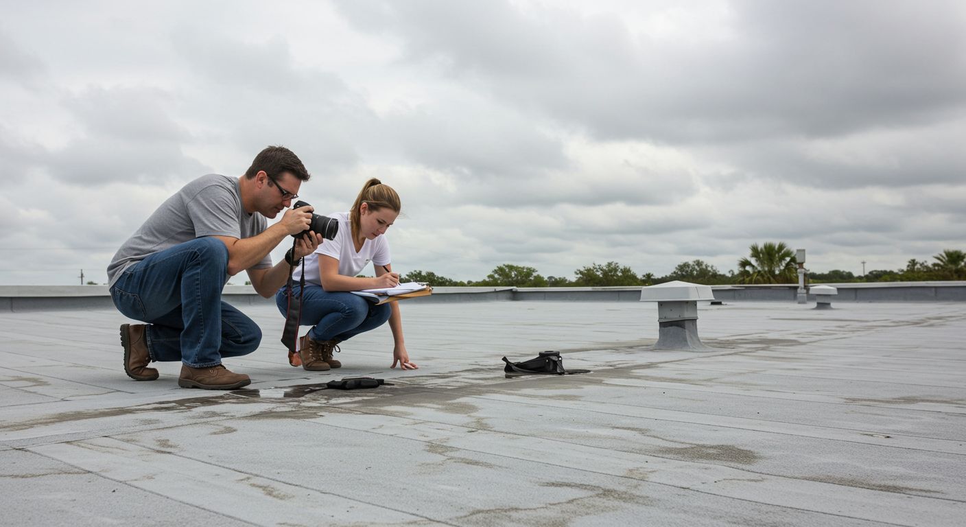 Roofing insurance specialist from Logams Roofing reviewing claim documentation with a Sanford, Florida homeowner, ensuring compliance with Florida’s SB 76 roofing law for historic property valuations, restoration estimates, and insurance claim approvals.