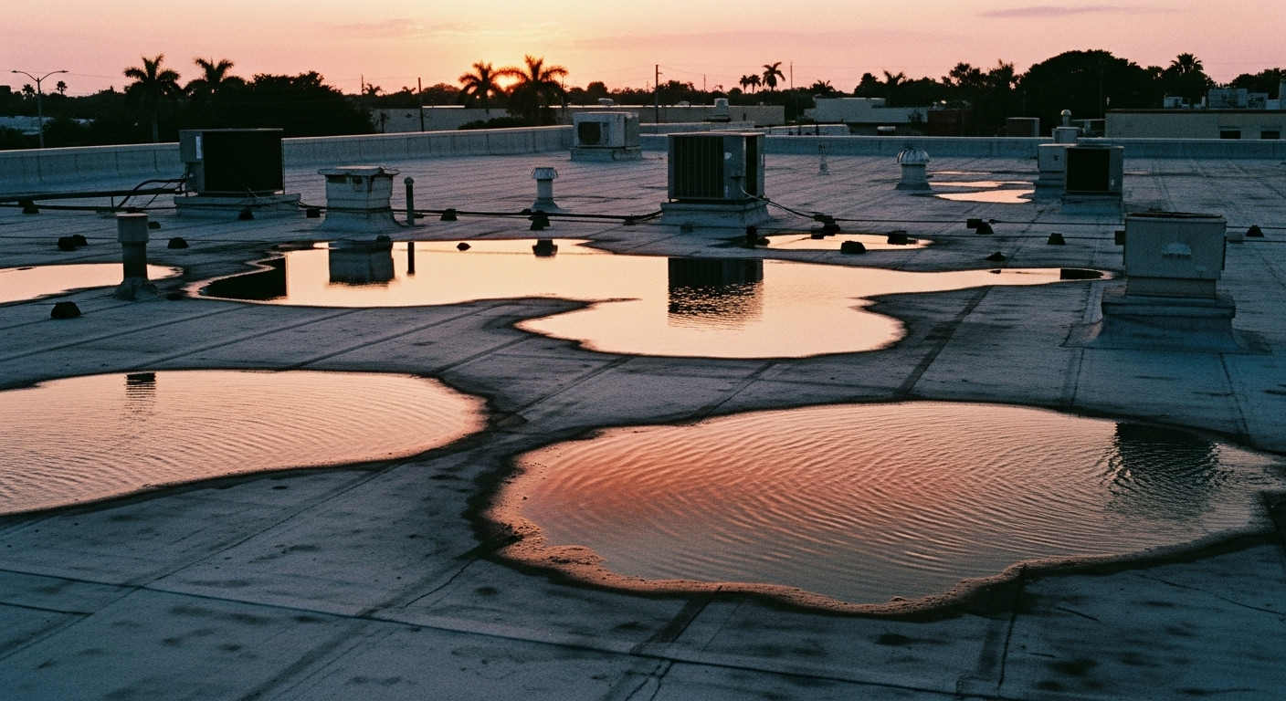 Ponding water on a flat roof in Florida after heavy rainfall, a common cause of leaks and structural damage