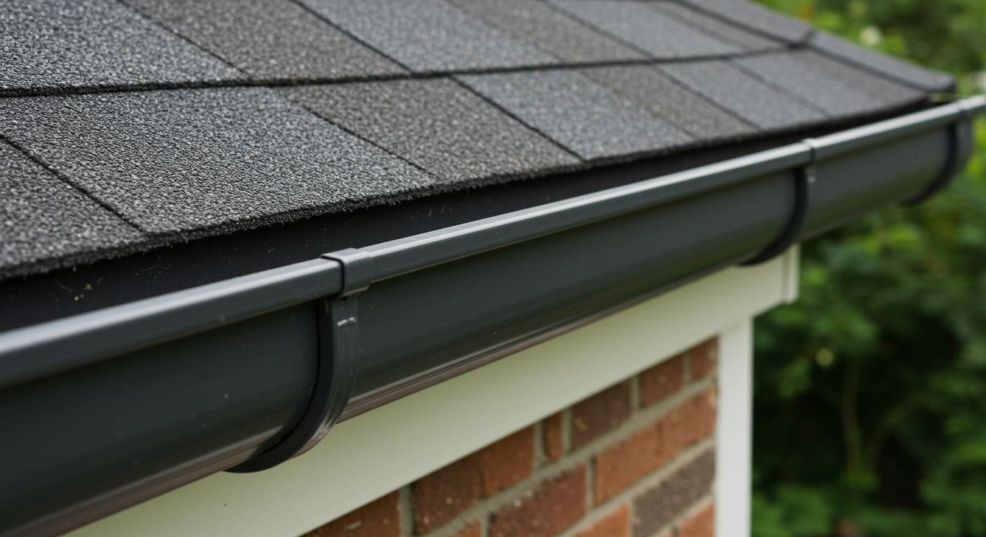 Close-up view of a roof gutter and asphalt shingles on a Florida home, illustrating proper water drainage and edge sealing in professional roof installation.