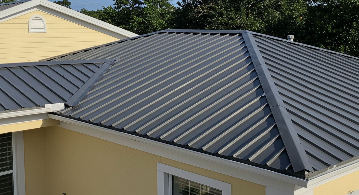 Installation of standing seam metal roofing on a waterfront home in Sanford, Florida, using marine-grade materials rated for 160+ mph winds with concealed fasteners designed to eliminate wind uplift and corrosion.