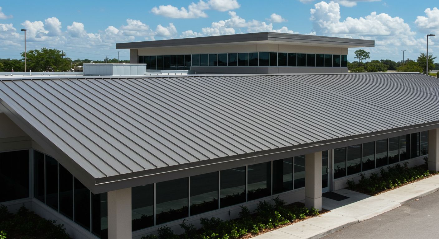 Logams Roofing crew installing standing seam metal roofing on a government building in Leesburg, Lake County, Florida, using marine-grade materials rated for 160-mph winds.