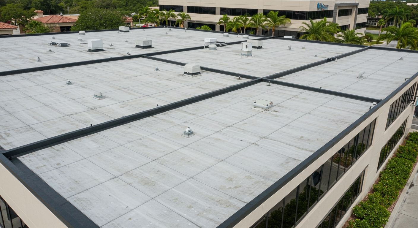 Logams Roofing contractors performing maintenance on a government facility roof in downtown Leesburg, Florida, ensuring structural integrity and compliance with county standards.