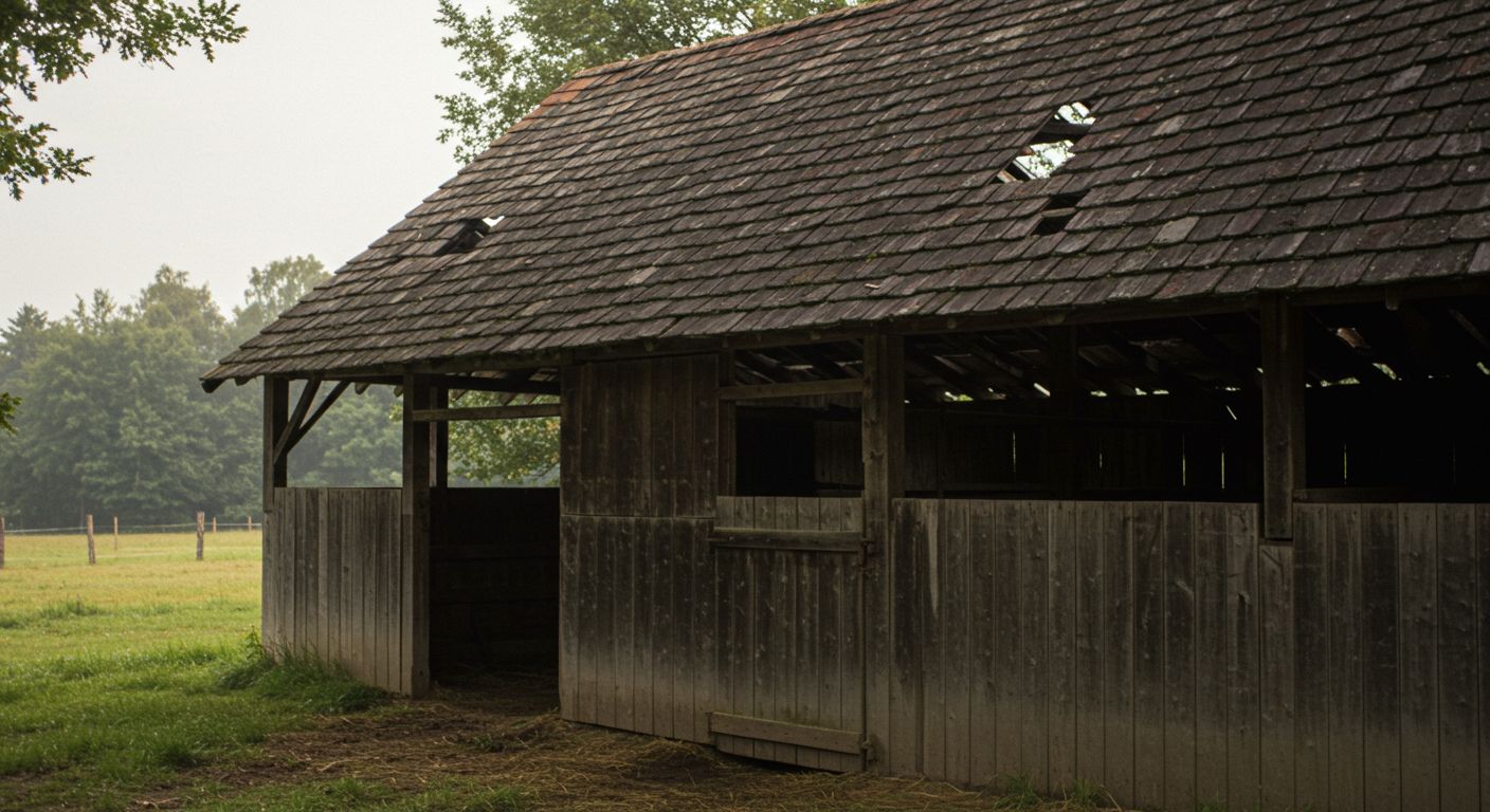 Logams Roofing team installing a durable metal roof on a horse barn in rural Marion County near Ocala, Florida, designed for superior ventilation and storm protection.
