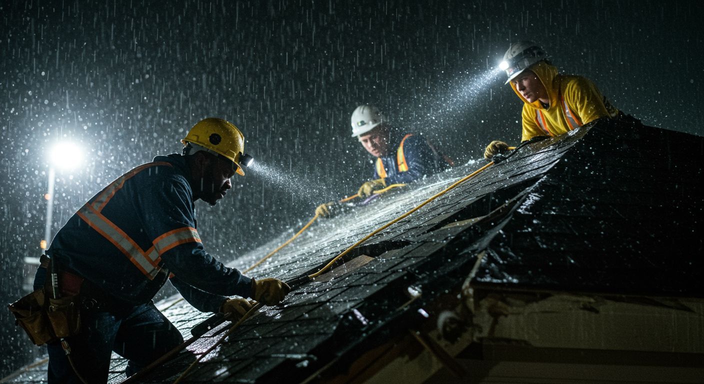 Roofing contractors repairing a residential roof under heavy rain in Orlando Florida using waterproof materials for storm protection.