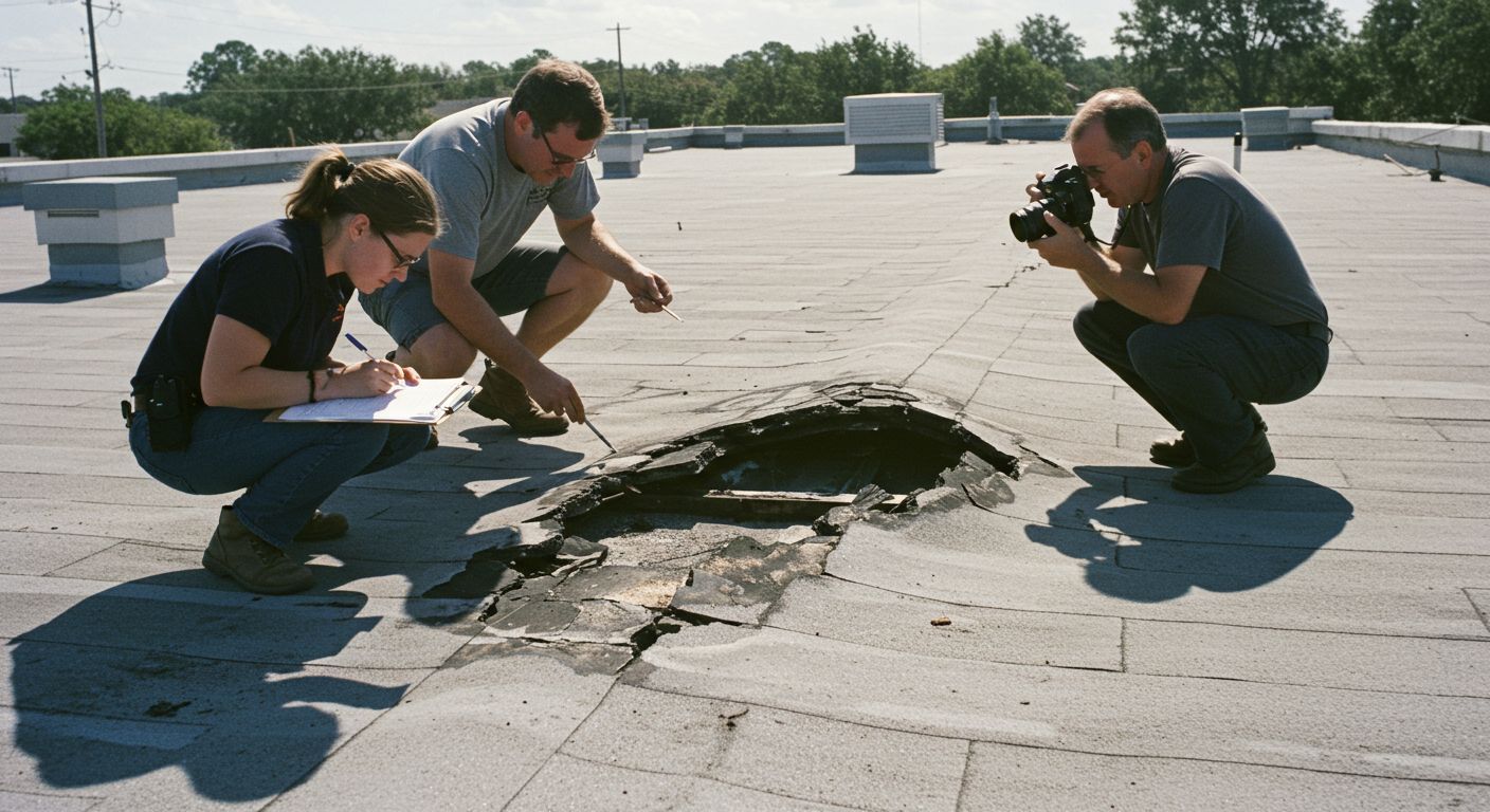 Logams Roofing insurance specialist reviewing hurricane damage documentation for a Leesburg government facility, coordinating restoration estimates for historic and lakefront properties under Florida’s SB 76 roofing law.