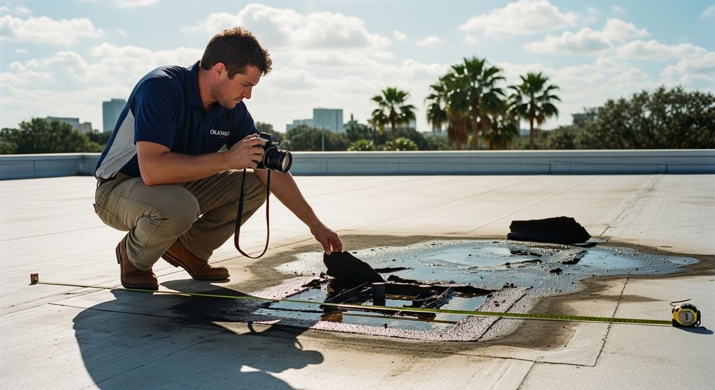 Roofing professional in Orlando documenting flat roof water damage with detailed photos and moisture mapping for accurate insurance claim support and compensation.